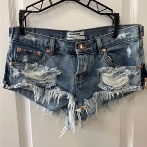 One Teaspoon Distressed Blue Denim Shorts